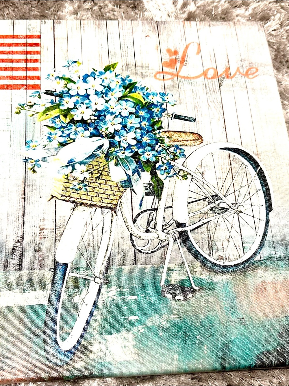 Floral Basket Bicycle Canvas Wall Art - Blue & Teal 14x14